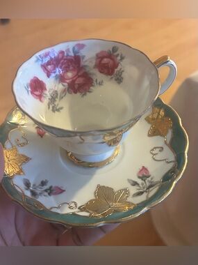 Vintage Lefton China Teacup and Saucer Teal Gold Leaf Rose Hand Painted 1950s